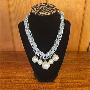 Chunky Silver Braided Necklace with Faux Pearly Pendants